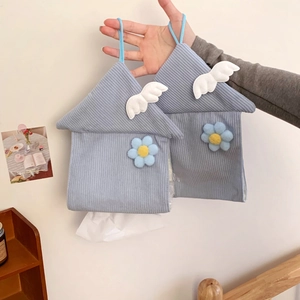 Detail of light blue house-shaped corduroy tissue box holder with hanging strap
