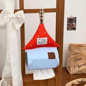 Hanging house-shaped tissue box in red polka dots and blue fabric for home decor