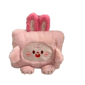 Cute pink plush rechargeable hot water bottle with bunny ears and soft cartoon embroidery