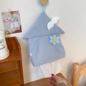Blue corduroy house-shaped tissue box holder with cute wings and sunflower wall hanging