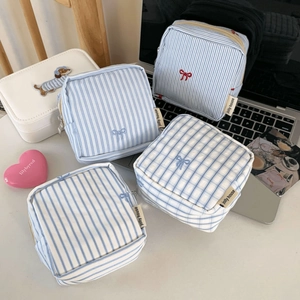 Square Fabric Storage Pouch Portable Blue Stripe Plaid Bow Embroidery Mini Makeup Bag Sanitary Napkin Organizer Korean Style