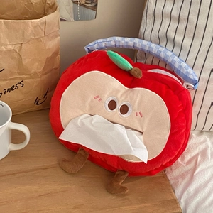 Close-up of cute red apple plush tissue box cover with cartoon embroidery and green leaf