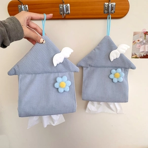 Hanging blue corduroy tissue box cover in house shape with soft white plush roof trim