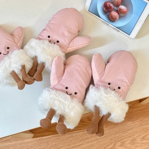 Close-up of pink doll-style ski mittens with white faux fur cuffs and corduroy foot details