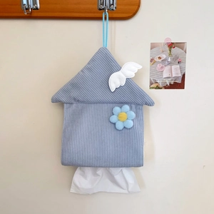 Hanging house-shaped tissue box in blue corduroy with floral detail and top loop