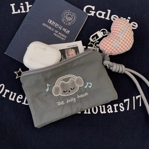 Mini Coin Purse Nylon Cat Embroidery Zipper Card Holder With Lanyard Cute Cartoon Small Wallet For Girls And Women