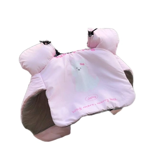 Pink quilted pet warm vest with cartoon dog print and adjustable drawstring collar
