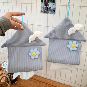 Hanging house-shaped corduroy tissue box cover with cute floral and wing details