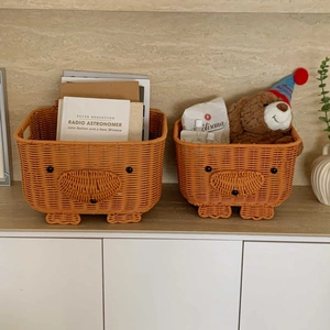 Cute Animal Bear Shape Woven Storage Basket Faux Rattan Desktop Organizer For Toys Snacks Household Handwoven Decorative