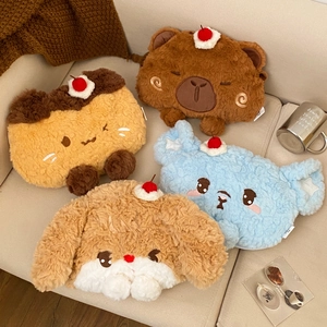 Detail of plush animal hot water bottle covers with soft fur and cherry decorations