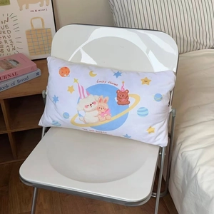 Detail of Lucky Planet cartoon bear and rabbit patterns on a soft white lumbar cushion