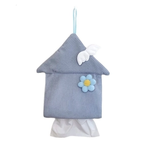 Cute blue house-shaped corduroy tissue box cover with a hanging loop and floral design