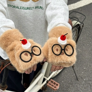 Détails de gants en peluche sans doigts avec rabat, lunettes cartoon et cerises rouges