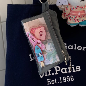 Detail of dark grey zipper pouch with transparent PVC window for storing cartoon cards