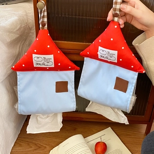 Close-up of mushroom house fabric tissue box covers with polka dots and hanging strap