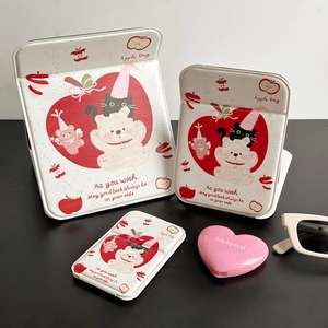 Three sizes of foldable vanity mirrors with cute apple bear and cat patterns on faux leather