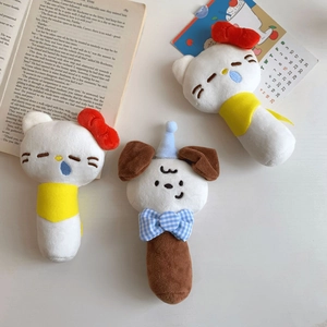 Three cute plush character mirrors including white kittens and a dog on a white surface