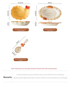 Top view of creative bread-themed ceramic tableware set with detailed dimensions and sizes
