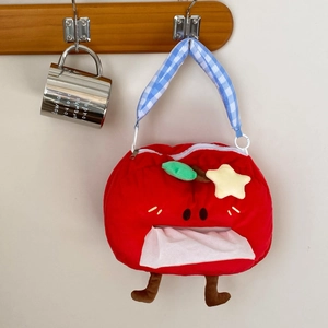 Hanging apple-shaped red plush tissue holder with embroidery and checkered handle