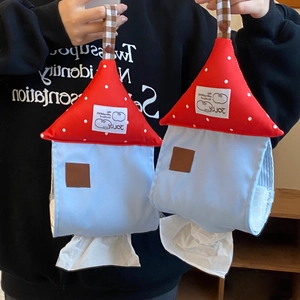Hanging house-shaped tissue holder in canvas with red polka dot roof and blue walls