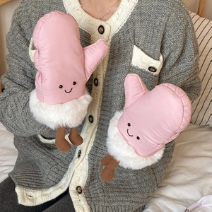 Detail of pink mittens with smiley face print, plush faux fur cuff and 3D legs detail