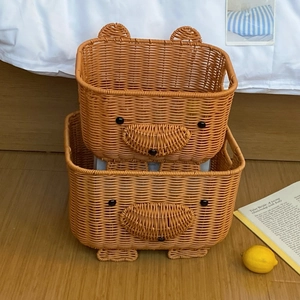 Two-piece set of cute bear-shaped woven storage baskets in light brown faux rattan