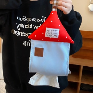 House-shaped polka dot fabric tissue box holder with hanging strap and button