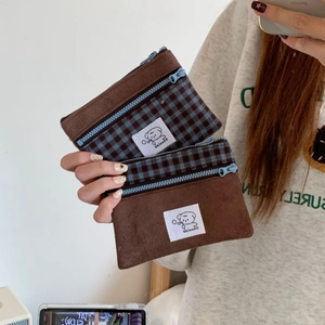 Retro faux suede and plaid card holder with cute bear patch and zipper closure
