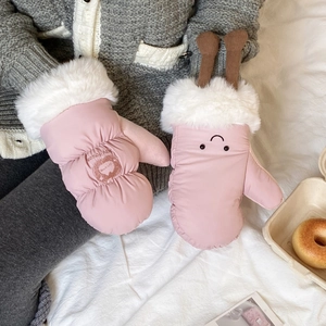 Pink winter ski mittens with plush faux fur trim and cute lion and deer embroidery