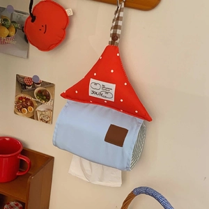 Hanging house-shaped fabric tissue box with red polka dot roof and blue body