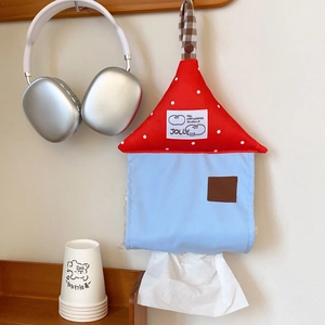 Hanging house-shaped tissue box with red polka dots and blue canvas detail