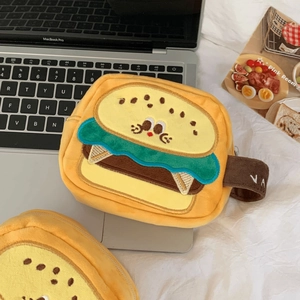 Detail of cute plush burger camera pouch with high-quality embroidery and side handle