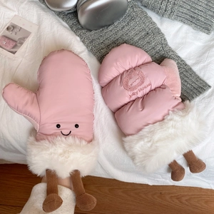 Detail of pink ski mittens with cute smile embroidery and soft white faux fur trim