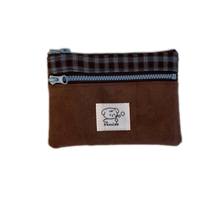 Retro suede double zipper card holder wallet with chic plaid patchwork and logo