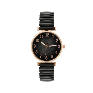 Women Fashion Quartz Watch With Elastic Stretch Alloy Band Leaf Pattern Dial Round Case Arabic Numerals Casual Wristwatch