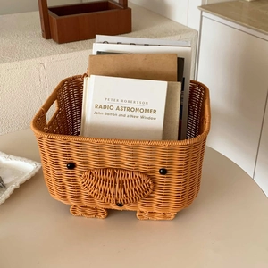 Detail showing hand-woven orange bear storage basket with cute animal face and handles
