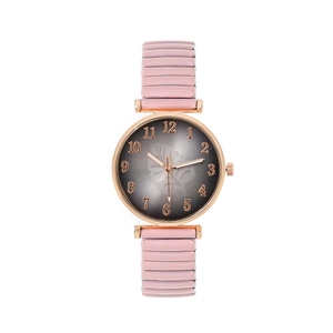 Women's quartz watch with rose gold case, pink elastic strap, and leaf pattern dial