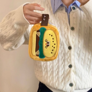 Cute hamburger plush camera case with smiling face embroidery and brown wrist strap