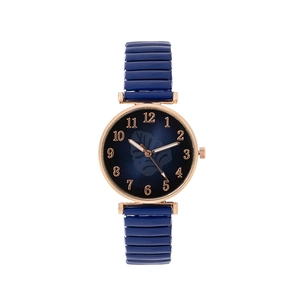 Women's quartz watch with blue leaf patterned dial and rose gold metal casing