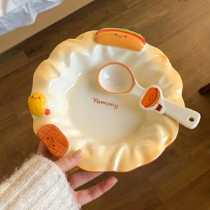 Handheld creative bread theme ceramic dinnerware set with 3D waffle and hot dog motifs