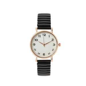 Minimalist women's quartz watch with rose gold case, white dial and black elastic band