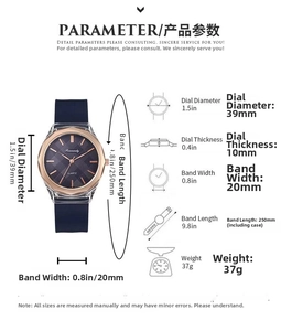 Size guide for quartz watch with dimensions of 39mm dial and silicone band parameters