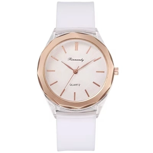 Minimalist quartz watch with white silicone strap and rose gold bezel for men and women