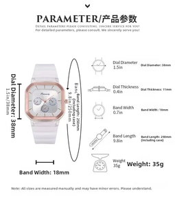 Guide des tailles détaillé pour montre en silicone carrée avec cadran de 38mm info