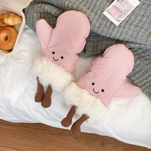 Detail showing pink cartoon mittens with black smiley face and plush white faux fur trim