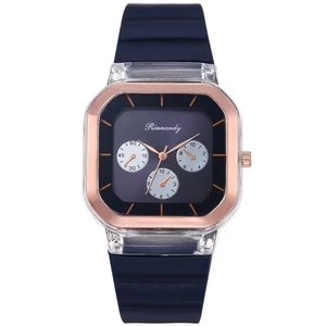 Montre carrée en silicone bleu marine avec boîtier transparent et cadre en or rose