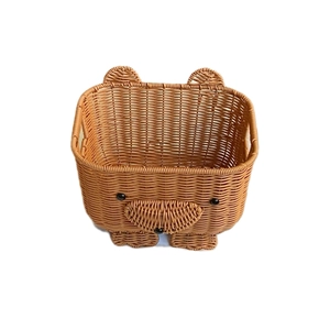 Bear-shaped faux rattan woven storage basket with cute ears for home desktop organization