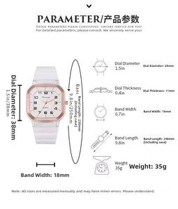 Guide des tailles de montre carrée avec cadran de 38mm et bracelet silicone de 250mm