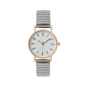 Fashionable rose gold quartz watch with silver elastic band and textured white dial