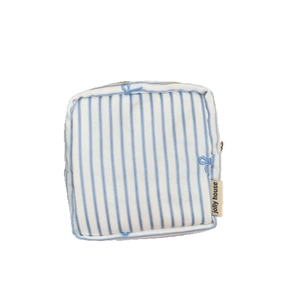 Blue and white striped square fabric storage bag with zipper and logo label